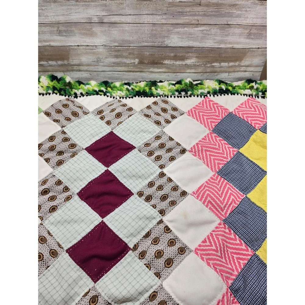 Handmade Patchwork Quilt Oversized 115x90 Multi Color Crochet Border Vintage